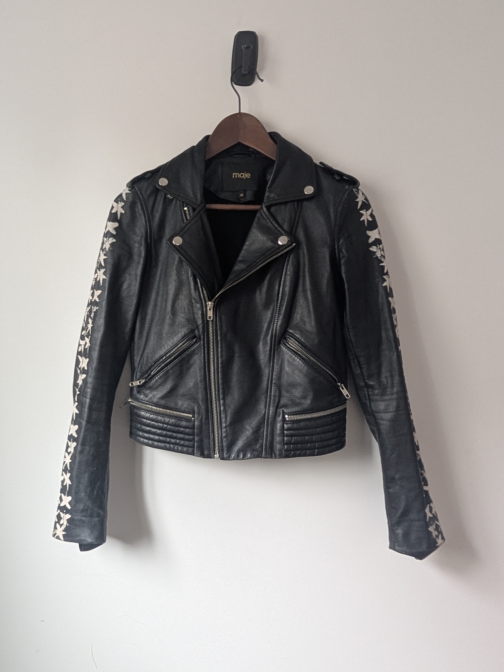 Maje Black Leather Moto Jacket with White Star Trim